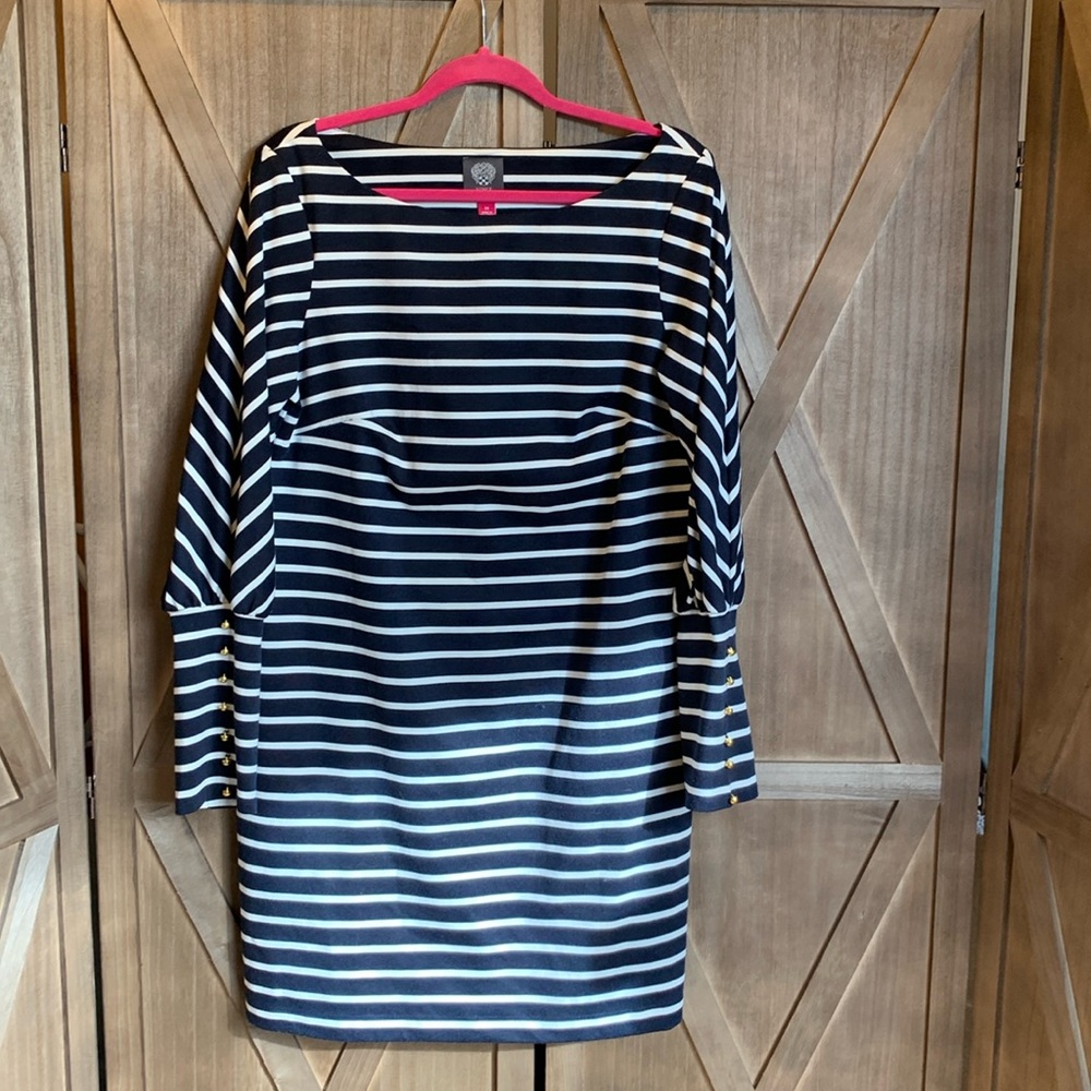 Vince Camuto Navy White Striped Long Sleeve Dress 14 Gold Button Accents
